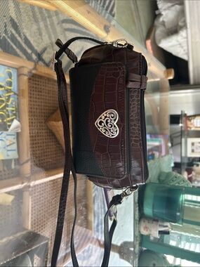 Leather Crossbody Bag with Heart Accent - Brown